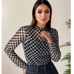 Black & White Checkerboard Mesh Long Sleeve Top